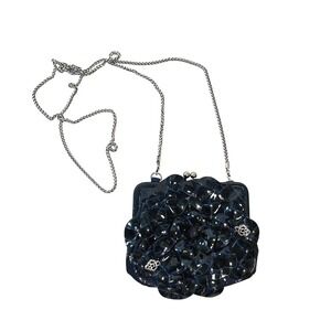 Brighton Leather Floral Camellia Crossbody Clutch Evening Bag Chain Strap‎ Blue
